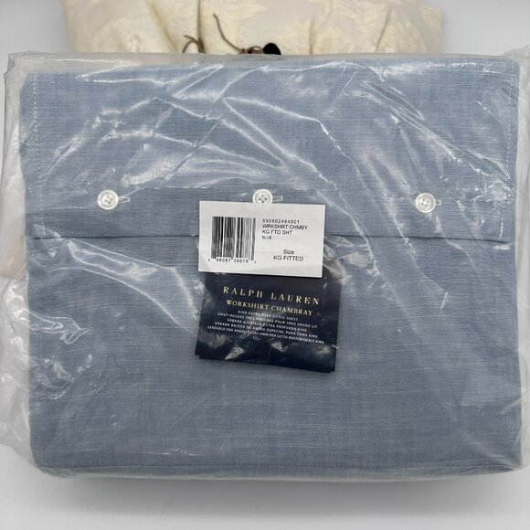 Ralph Lauren Workshirt Chambray Cotton King Size Extra Deep Fitted Sheet, Blue - Picture 3 of 12
